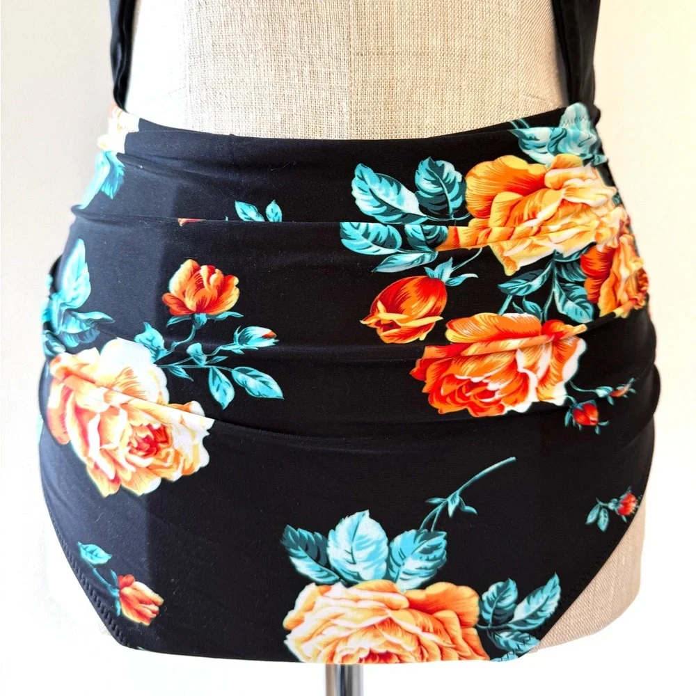 Cupshe Black Floral Print Halter Lace-Up Tummy Control One Piece Swimsuit - Picture 5 of 16